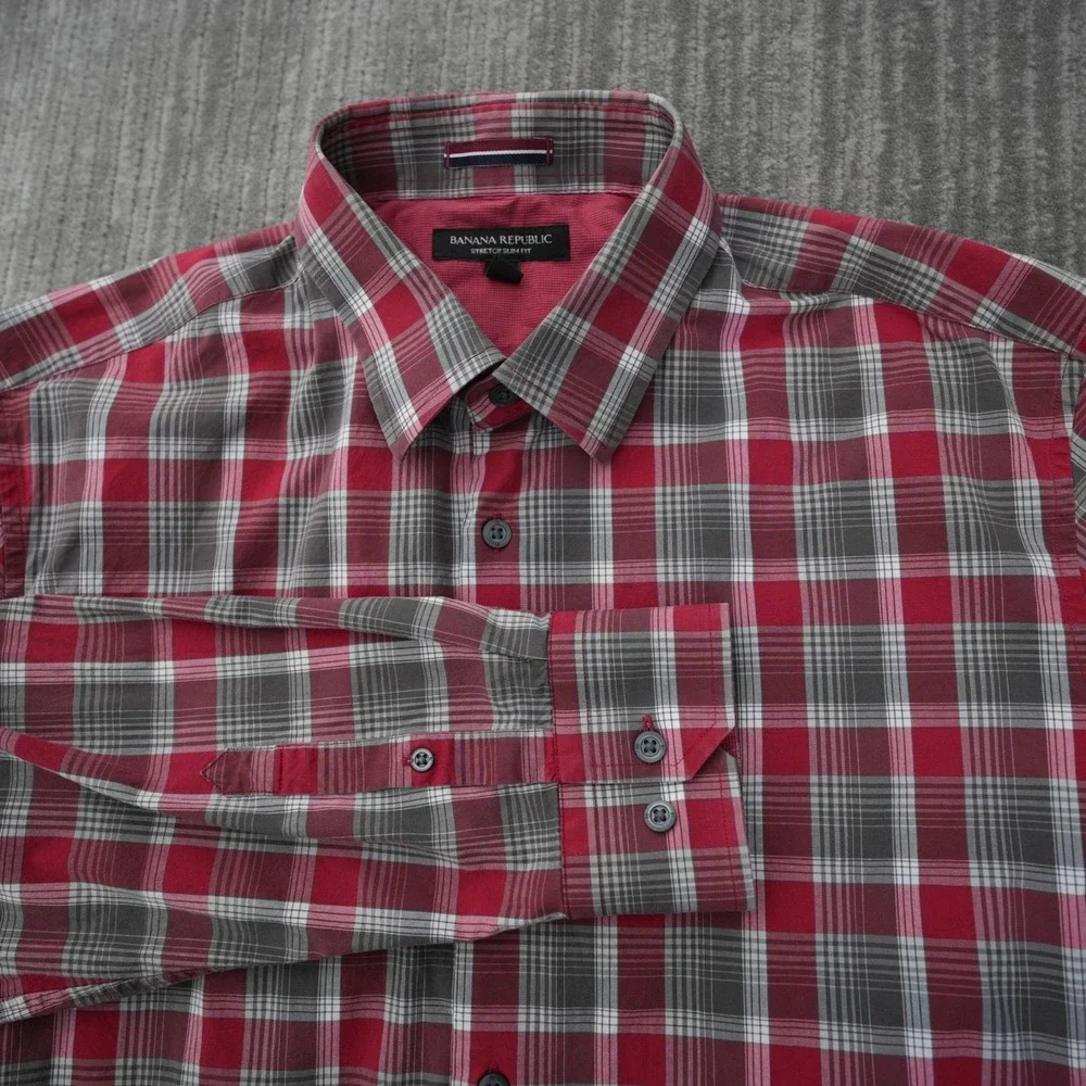 Banana Republic Shirt Men Plaid Button Up Red Gray‎ Long Sleeve Stretch Slim L